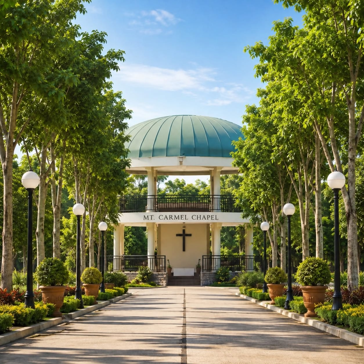 The pavilion and lamp-lined garden walk at Zion Memorial Garden